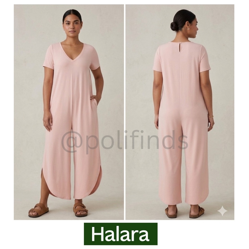 HALARA Pink Peach V Neck Pocket Relax Wide Leg Casual Jumpsuit